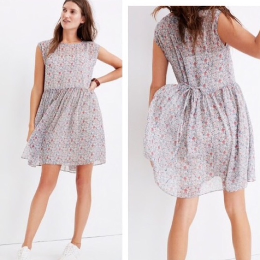 Madewell Light Blue and Pink Floral Mini Dress with tie back